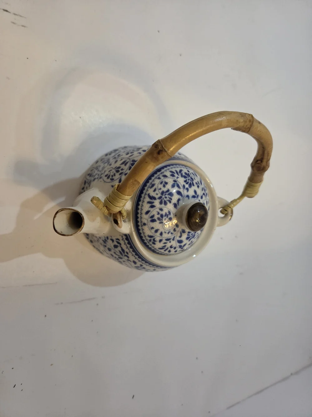 Vintage Chinese Blue and White Porcelain Teapot with Bamboo Handle - Floral Chin